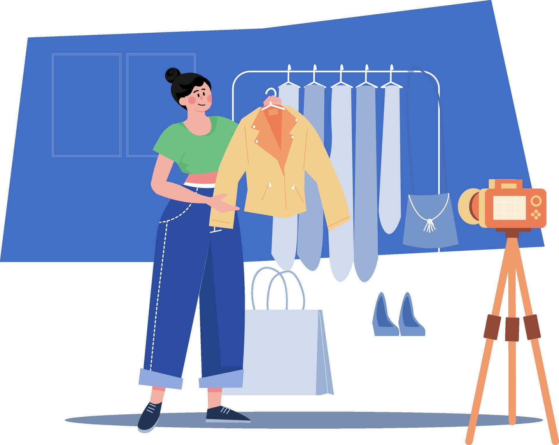 Female Fashion Vlogger Trying On Clothes 27515262 Vector Art at Vecteezy