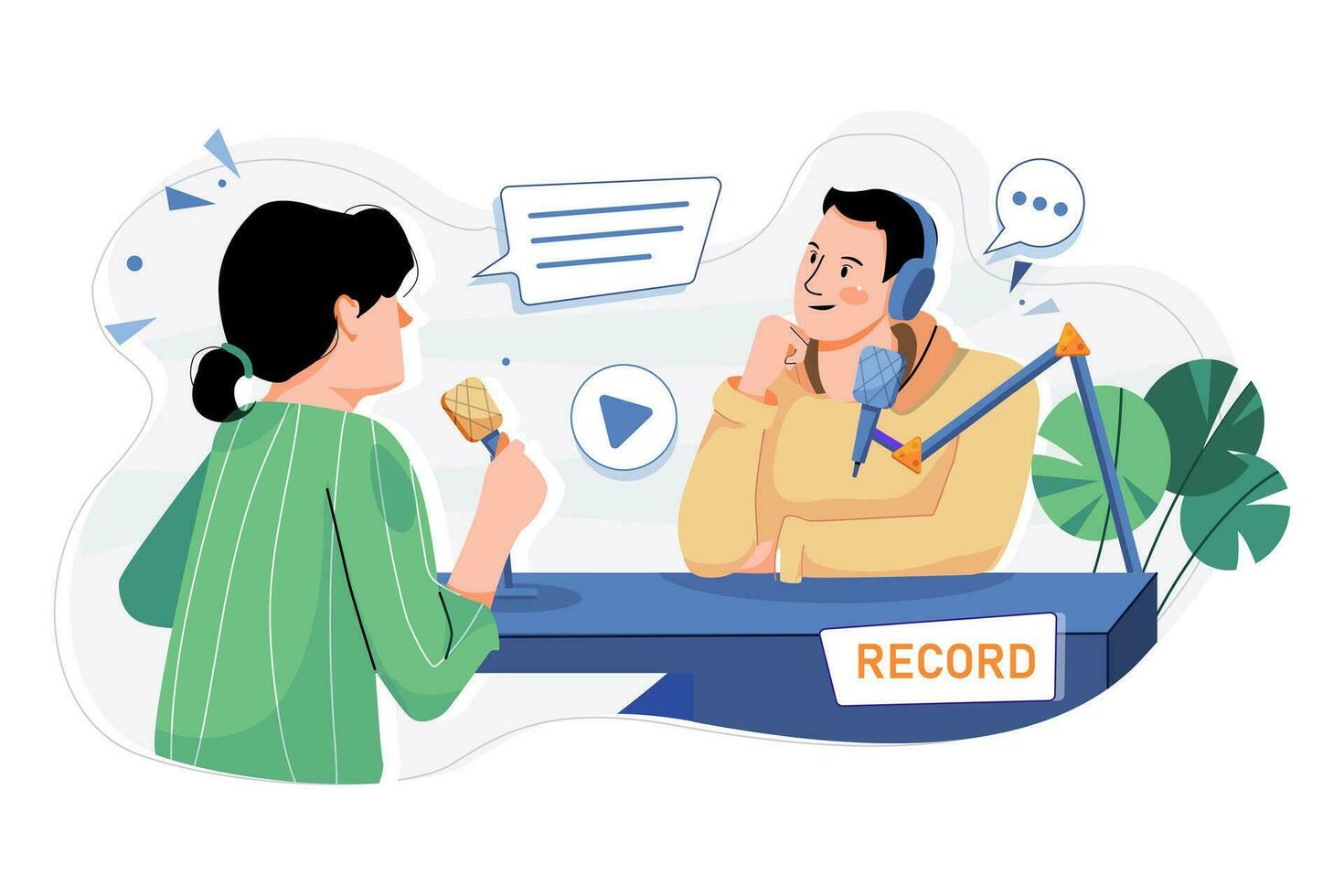 Man And Woman Recording A Podcast Conversation vector