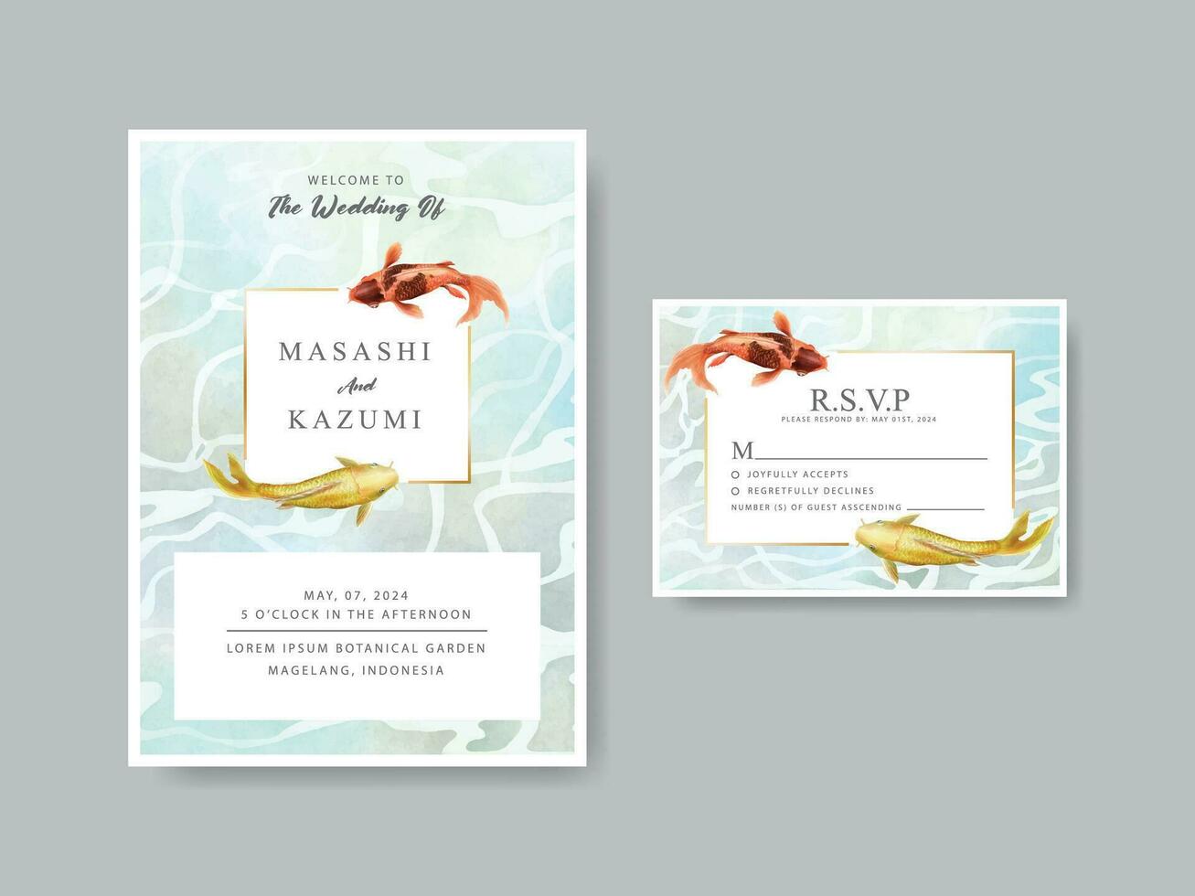 beautiful koi fish watercolor wedding invitation card vector