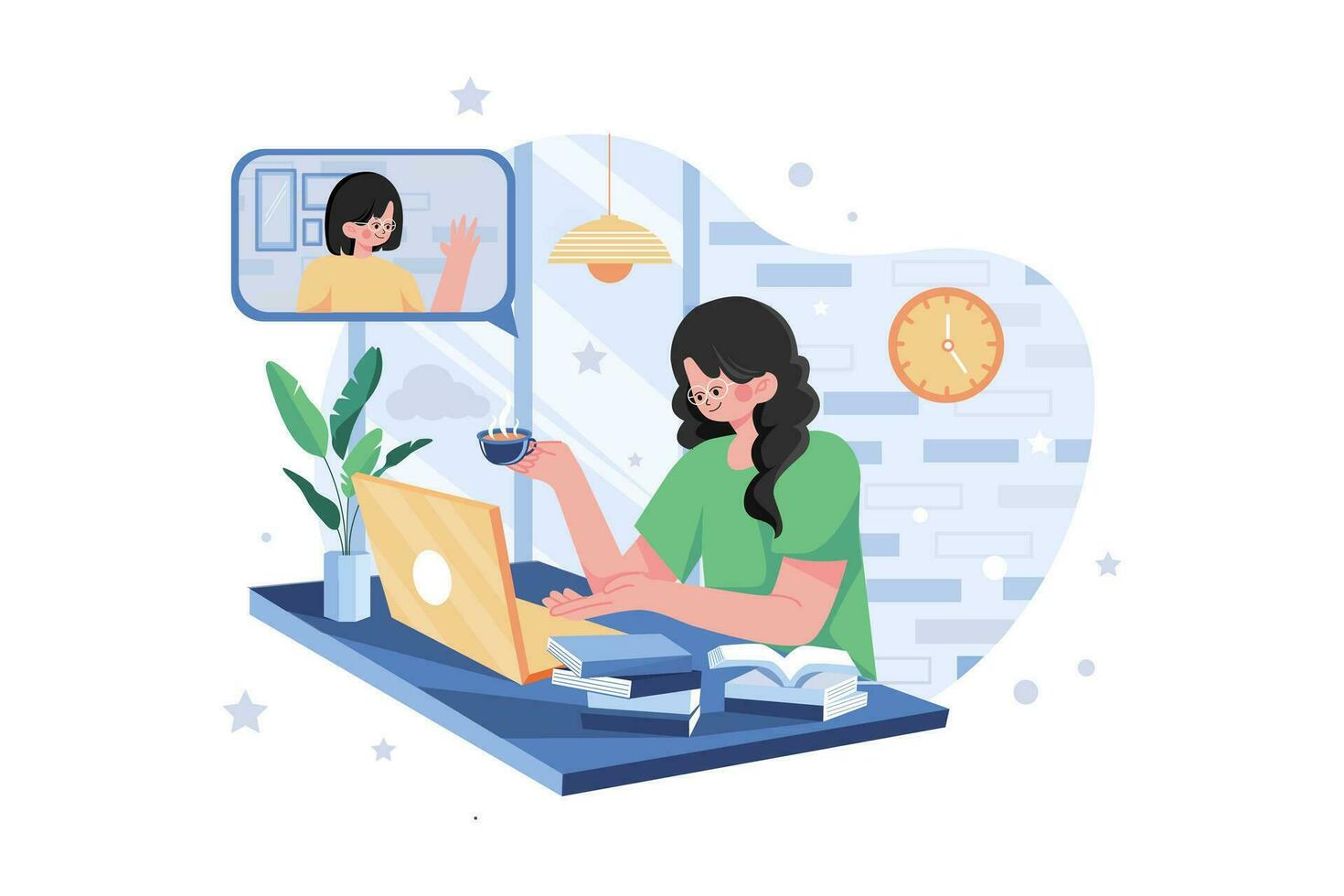 Lady Doing Online Meeting On A Tablet With Coffee Cup On The Desk vector