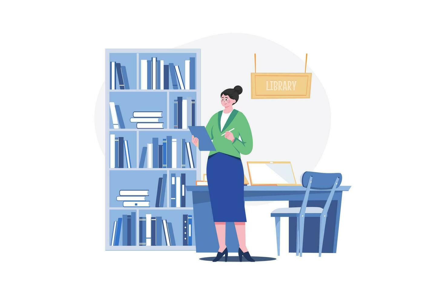 The librarian is taking inventory of the books in the library vector
