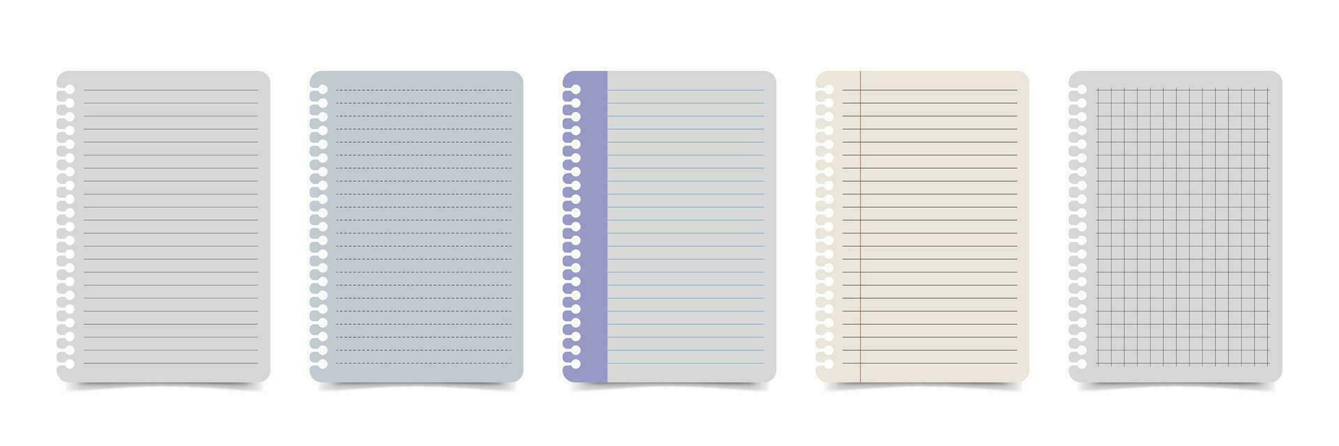 Realistic lined note paper with various variations. Set of torn sheets of paper from a workbook with a real shadow effect. Illustration of binder paper sheet with lines and boxes for writing notes vector