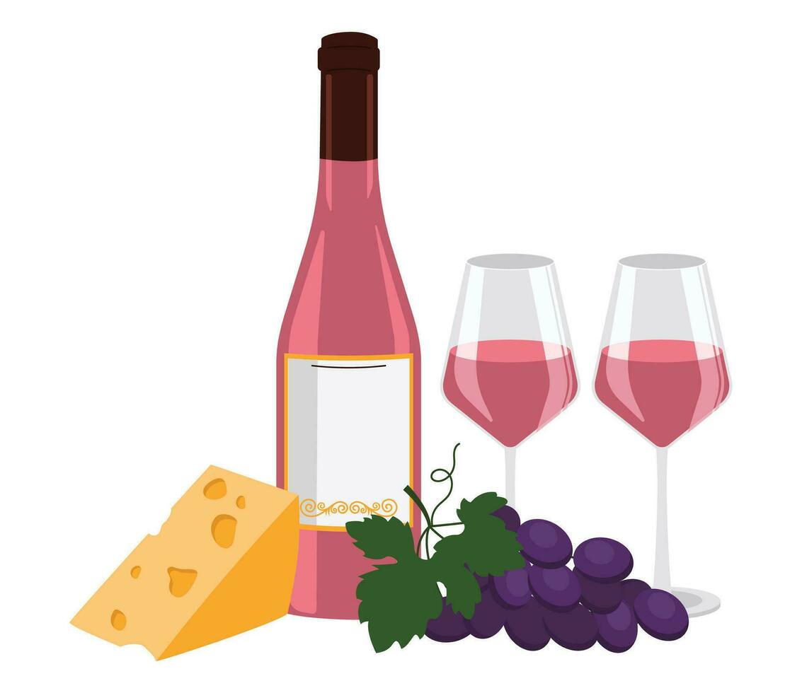 Bottle of rose wine, wine in a glasses, cheese and grape. Vector graphic.