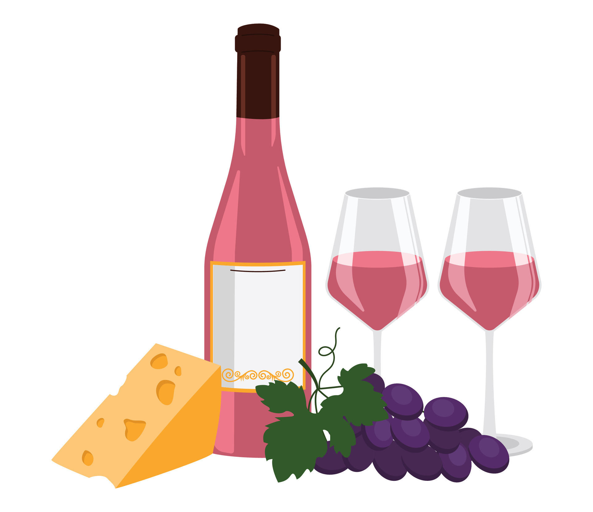 Bottle of rose wine, wine in a glasses, cheese and grape. Vector