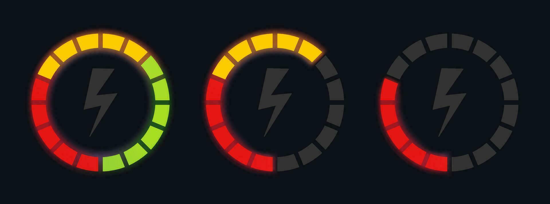 Vector illustration of a power level indicator. Electric fuel level indicator. Loading circle with percentage levels. Meter concept with a lightning sign. Modern energy meter