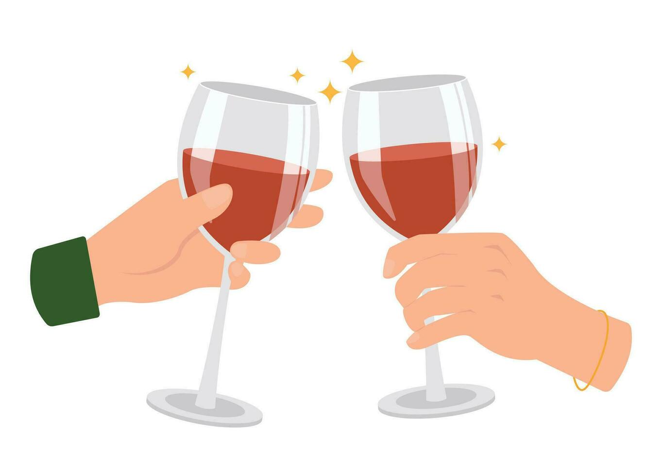 Two hands with glasses of orange wine. Cheers. Vector graphic.