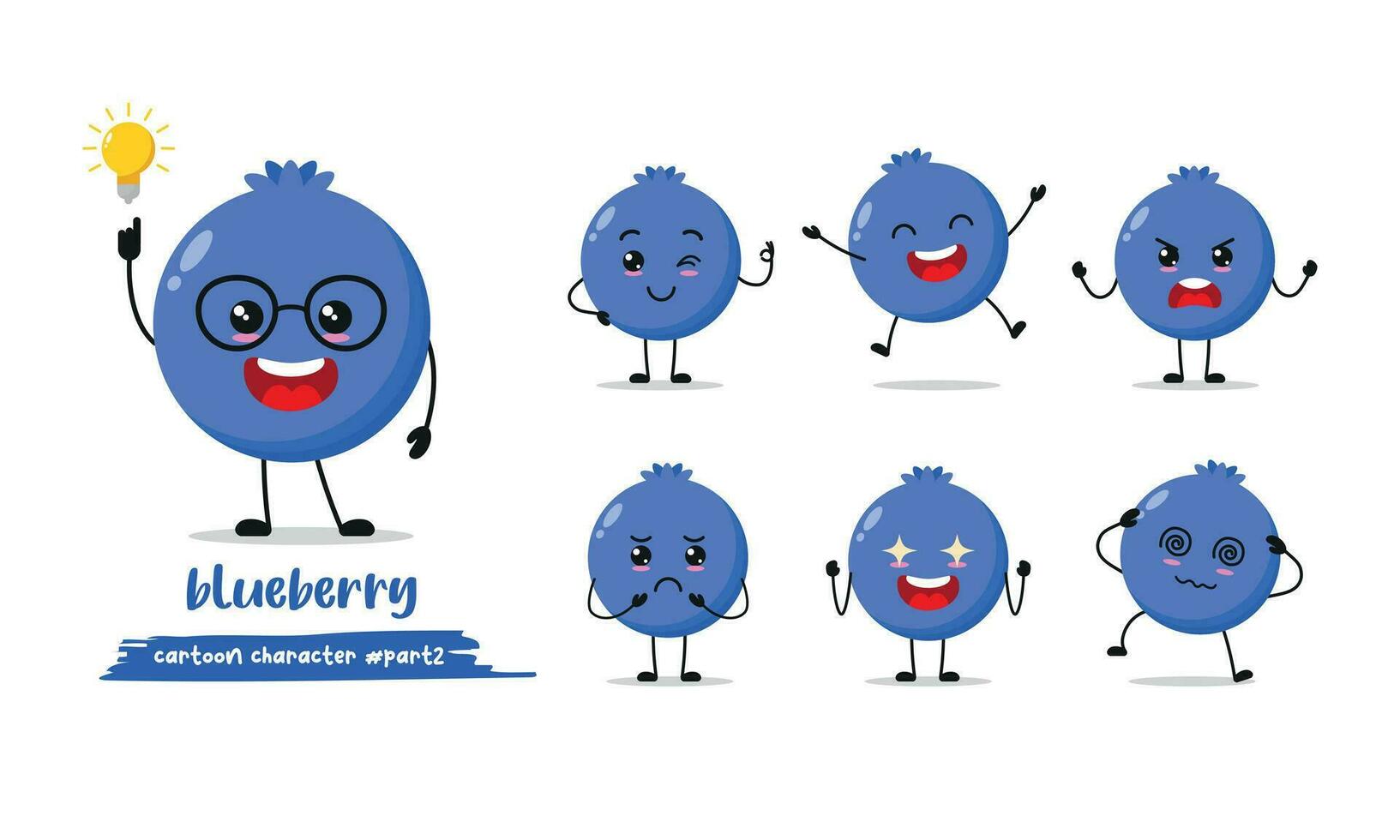 cute blueberry cartoon with many expressions. fruit different activity pose vector illustration flat design set.