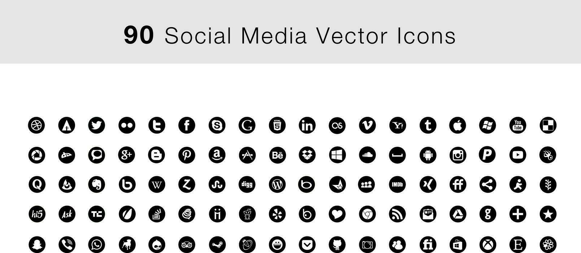 90 social media icons round flat vector icon, color black and whit