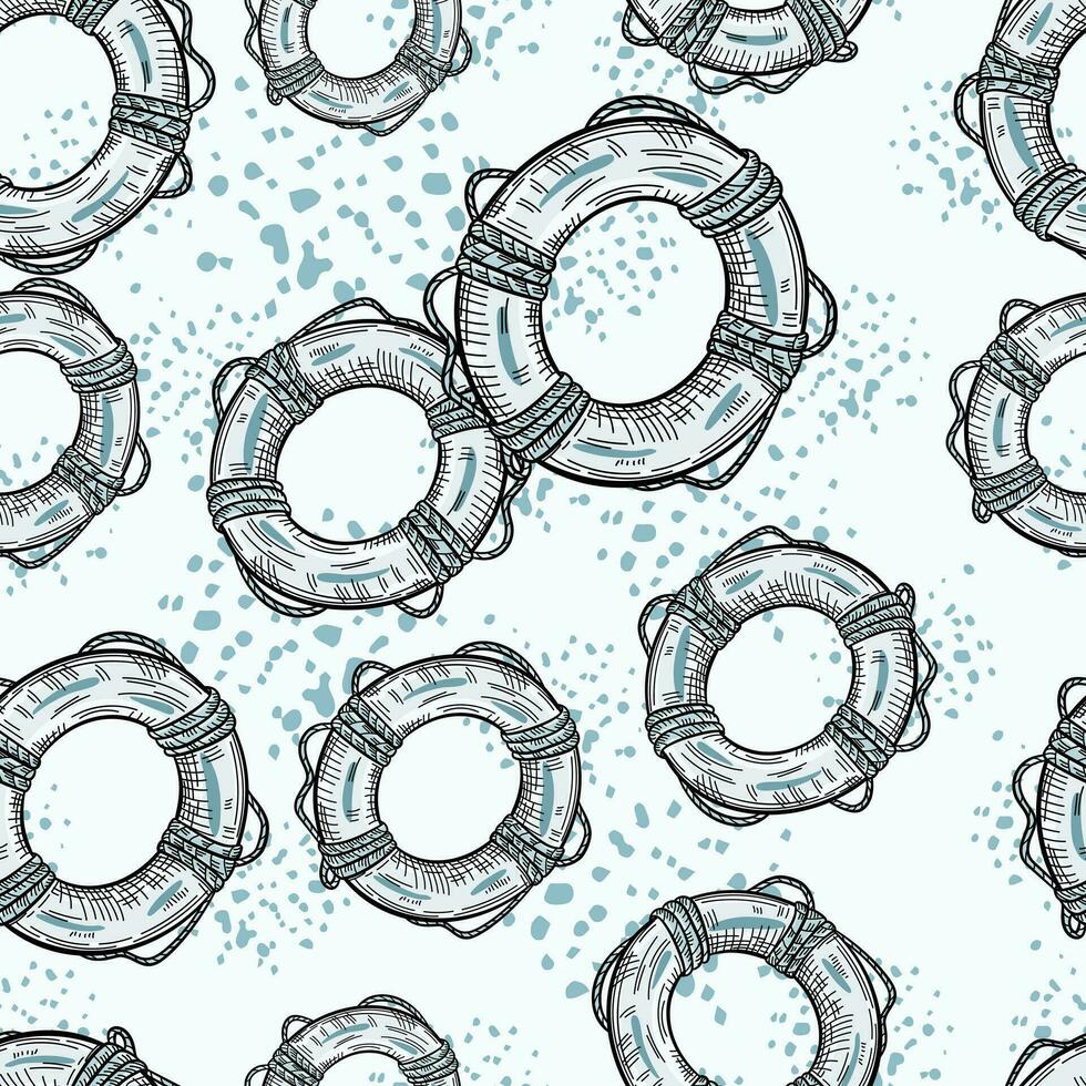 Vintage lifebuoy with rope sketch seamless pattern. Hand drawn life ring in engraving style wallpaper. vector