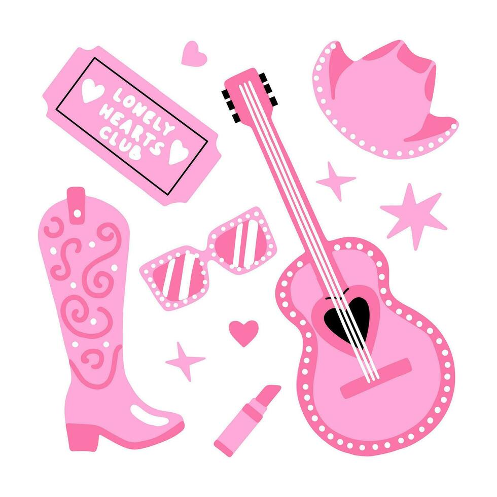 un conjunto de rosado De las mujeres accesorios. botas, guitarra, sombrero, boleto, lápiz labial y lentes. femenino estilo para muñecas vector