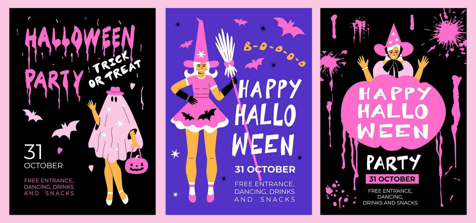 A set of Halloween posters in pink costumes. Pink girl party. Barbicore, layout, template, banner vector