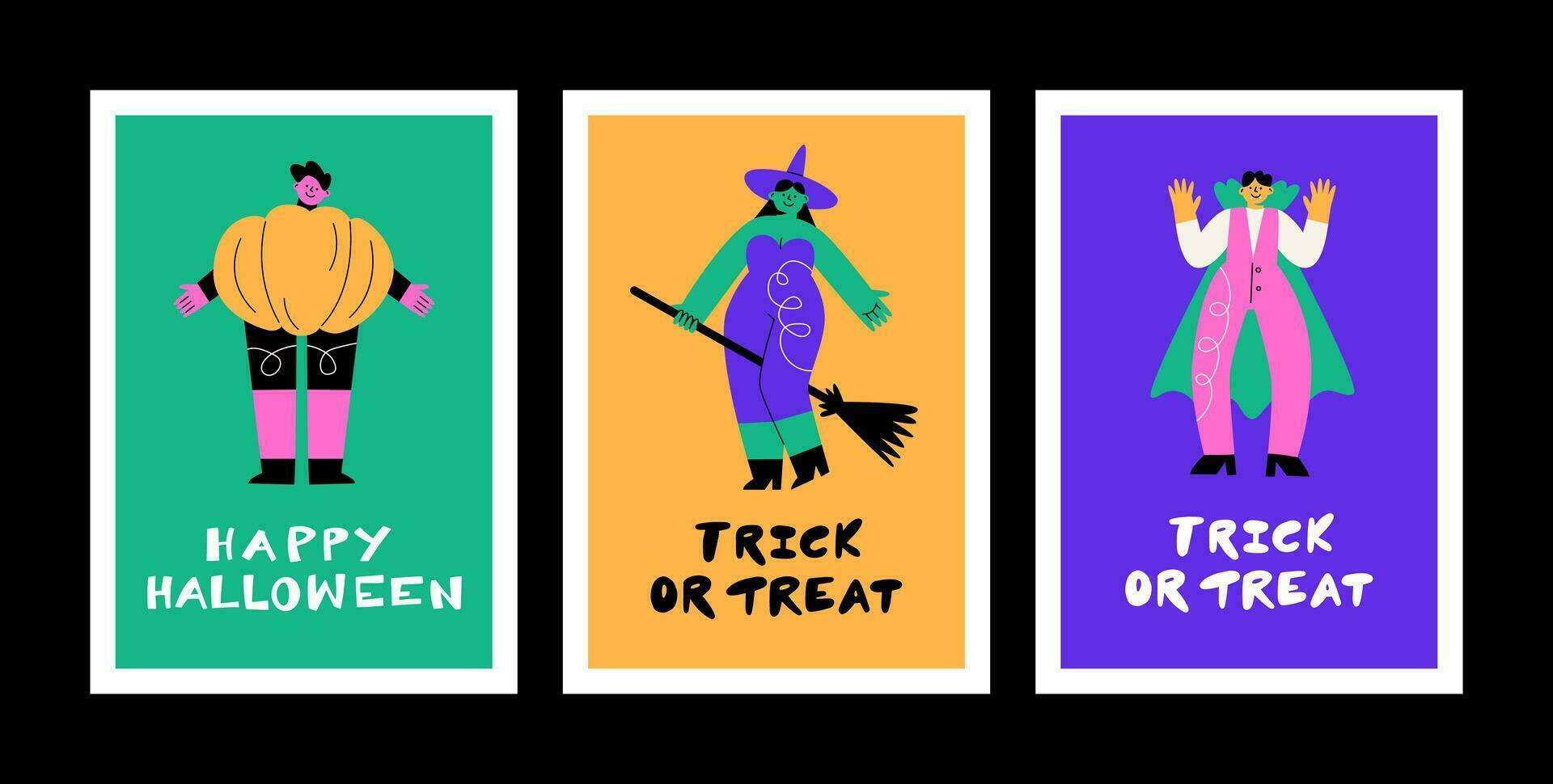 A set of postcards for Halloween. Funny people in suits. The inscription Trick or treat. Pumpkin, witch and Vampire vector