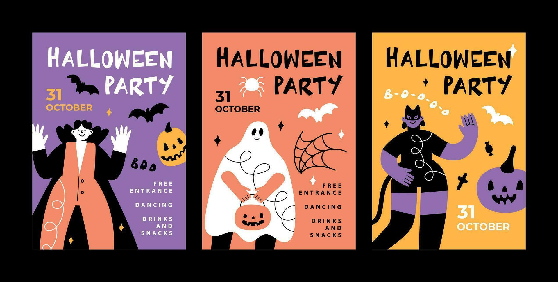 PrintA set of posters for a Halloween party. Funny people in suits. Vampire, ghost and black cat vector