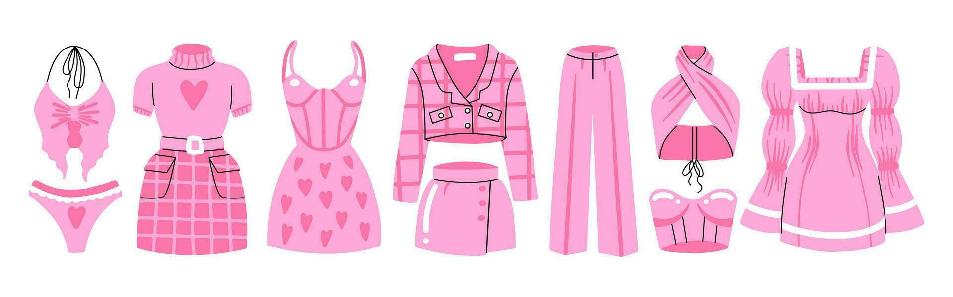 un conjunto de rosado ropa para un muñeca. De las mujeres Moda ropa. pantalones, vestido, falda, camiseta. femenino estilo vector