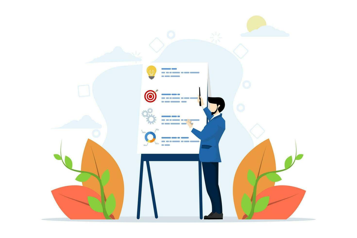 project briefing concept, design brief or brief document presentation, business goals strategy or workflow development details, businessman presenting project briefing on boardroom whiteboard. vector