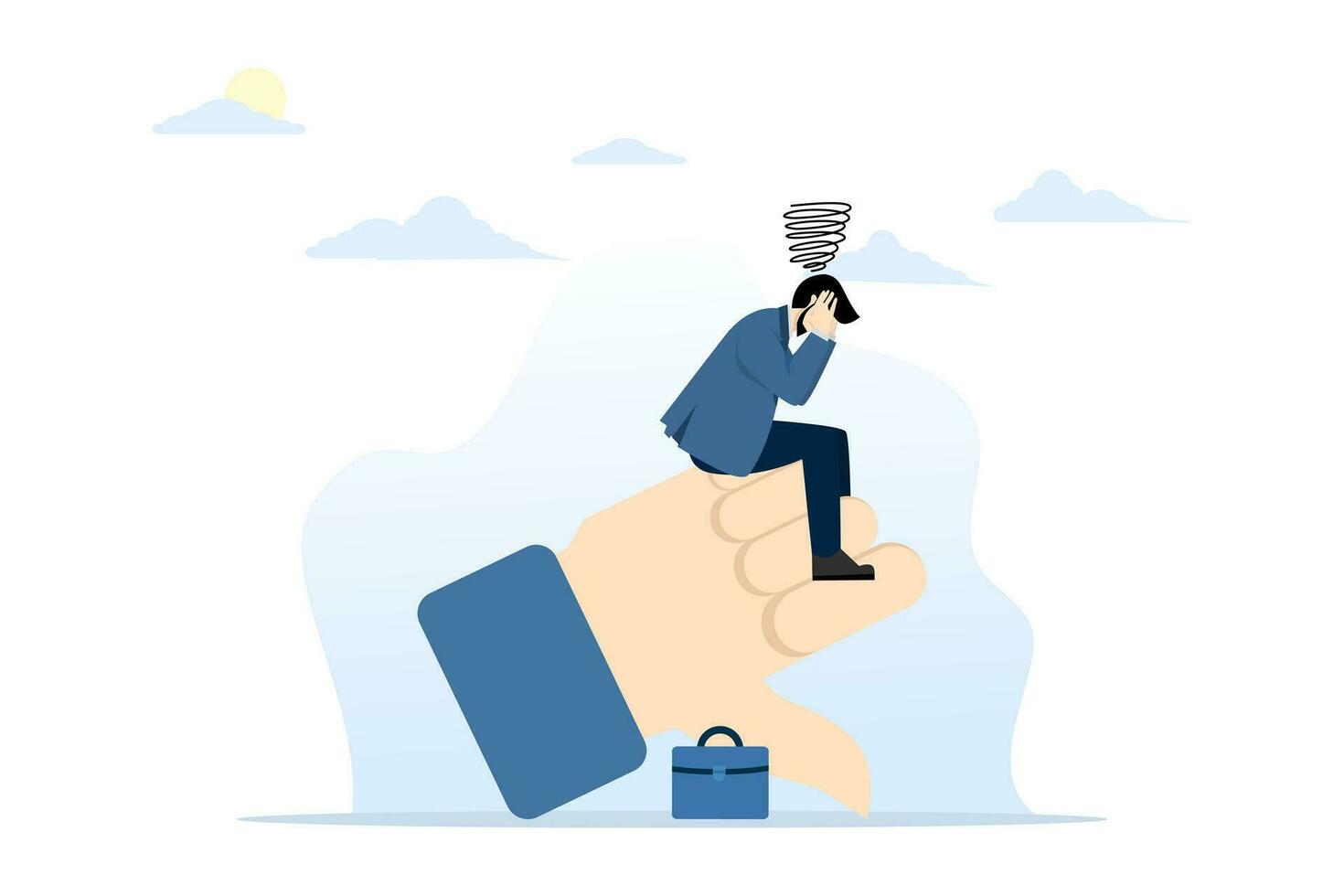 demotivating failure, error or negative feedback concept, no passion or burnout from work, mental breakdown or depression concept, sad stressed businessman sitting on negative thumbs down symbol. vector
