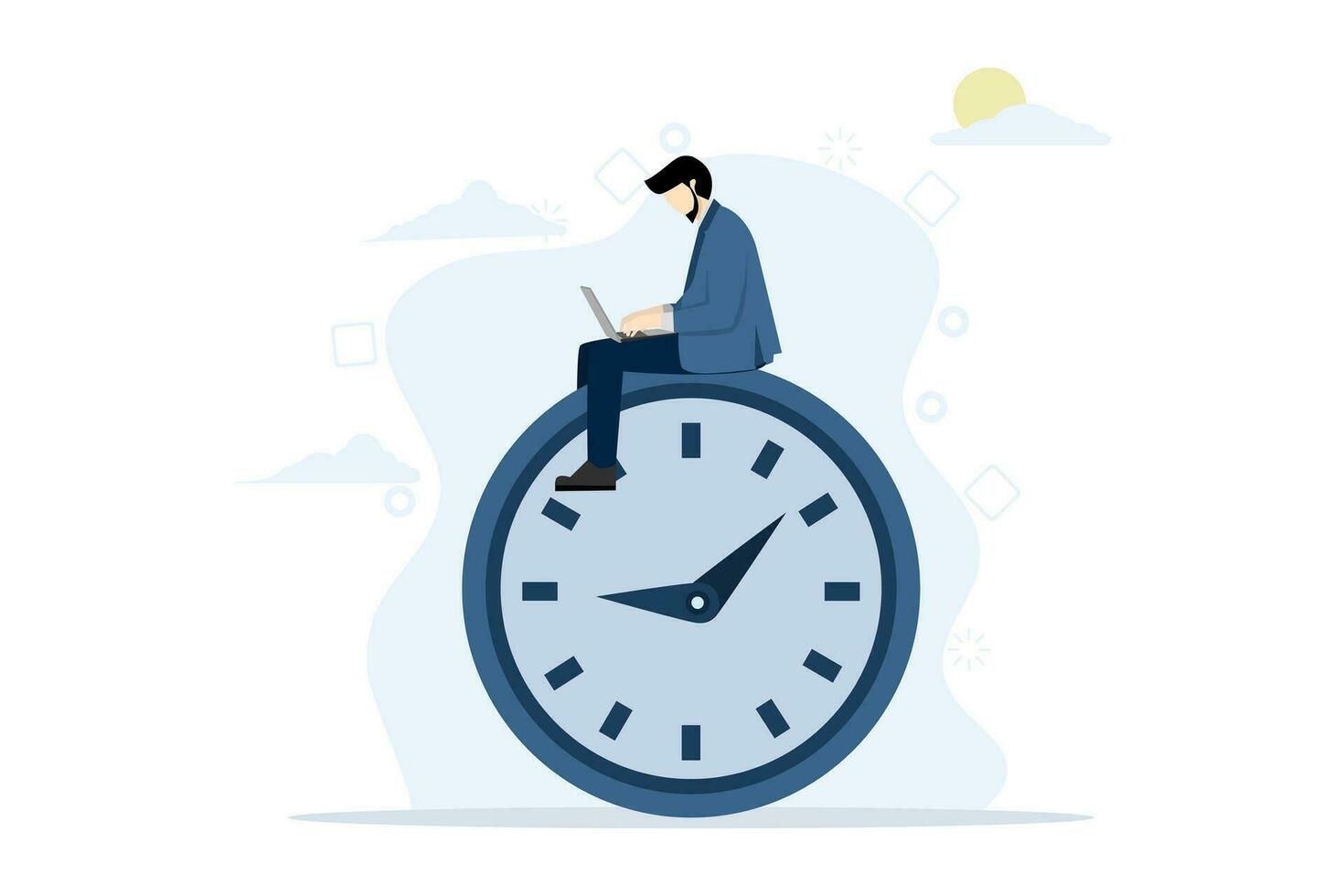 concept of overtime work or different working hours, after hours worker, confident businessman using laptop computer sitting at working hours at night with colleagues in other countries. vector