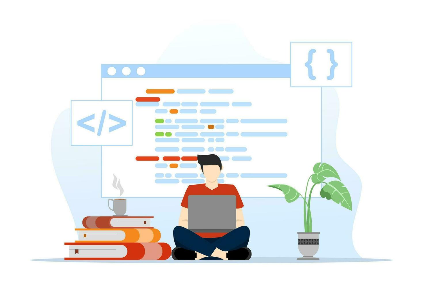 concept of web design and mobile app programmer working and coding for remote work development and technology for online education and learning concept. flat vector illustration on a white background.