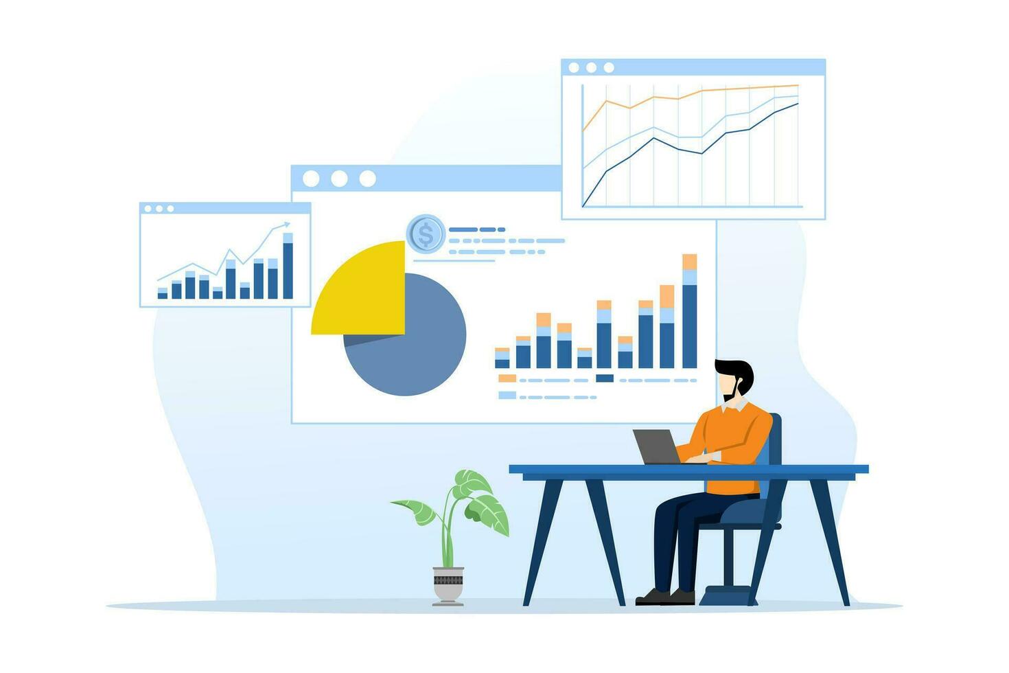 datos análisis concepto, trabajando empresario informes analítico datos y supervisión financiero inversión gráficos, negocio márketing planificación con en línea tecnología trabajando elegante. vector ilustración.