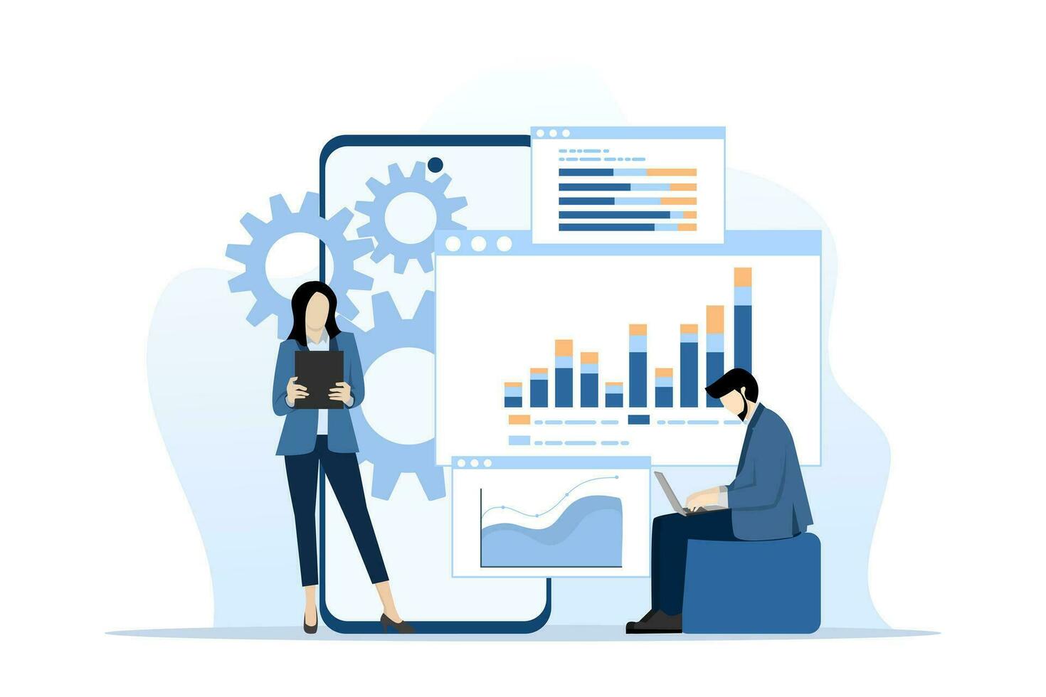 business data analytics research concept and Data Scientist team meeting. with business people working together on report graph dashboard monitor. and financial investment planning concept, vector. vector