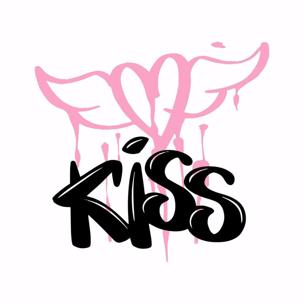 Modern graffiti with the inscription Kiss and heart. Marker, spray. Vector illustration for printing on fabric, logo.