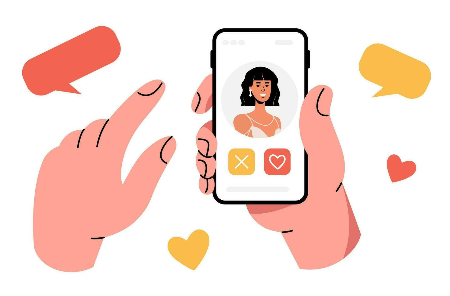 A human hand is holding a smartphone. Dating app. Assign a date to a girl. Message, correspondence, love vector