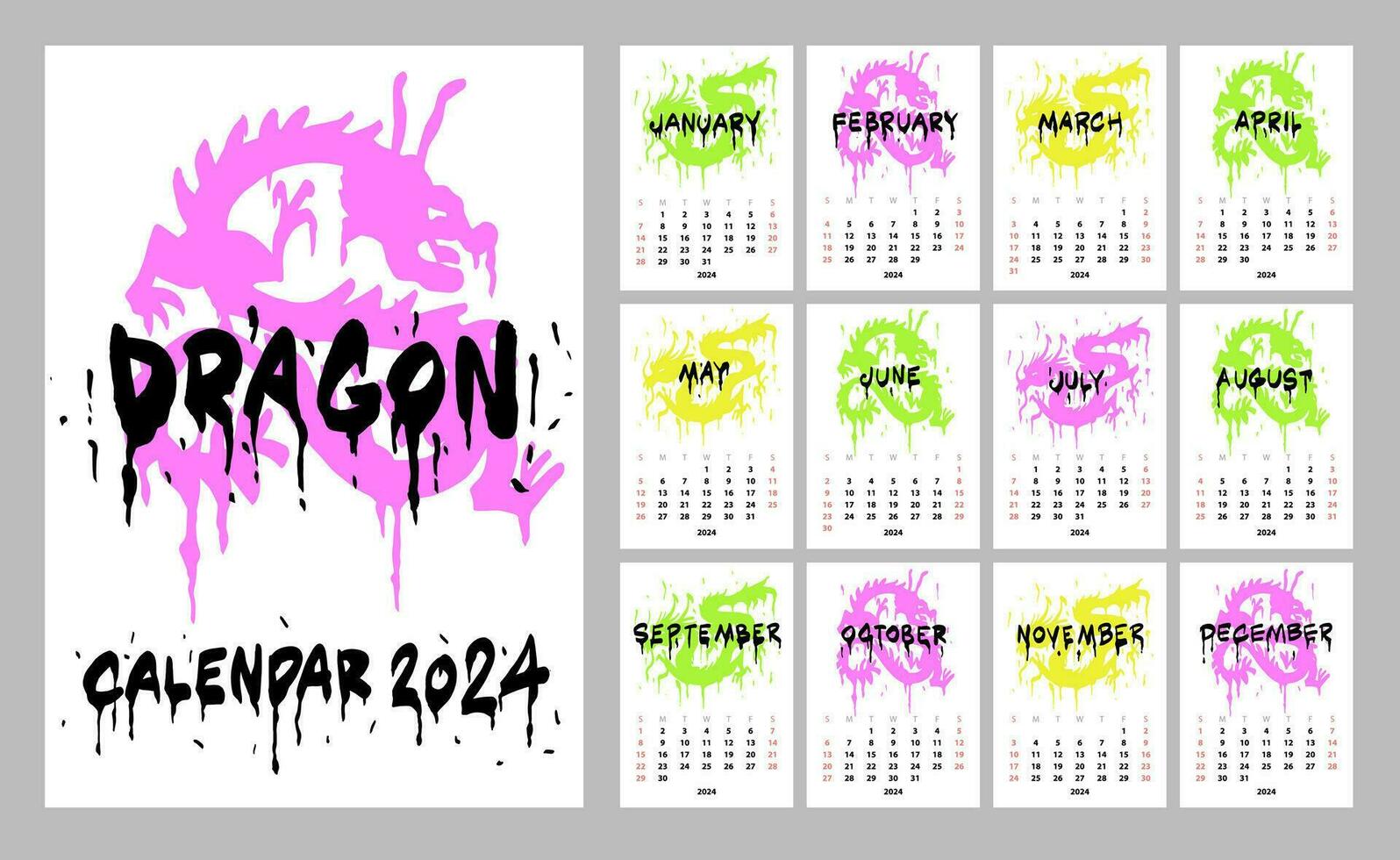 Calendar of 2024. Chinese New Year. The Year of the Dragon in the grunge style, tattoos, graffiti with smudges. vector