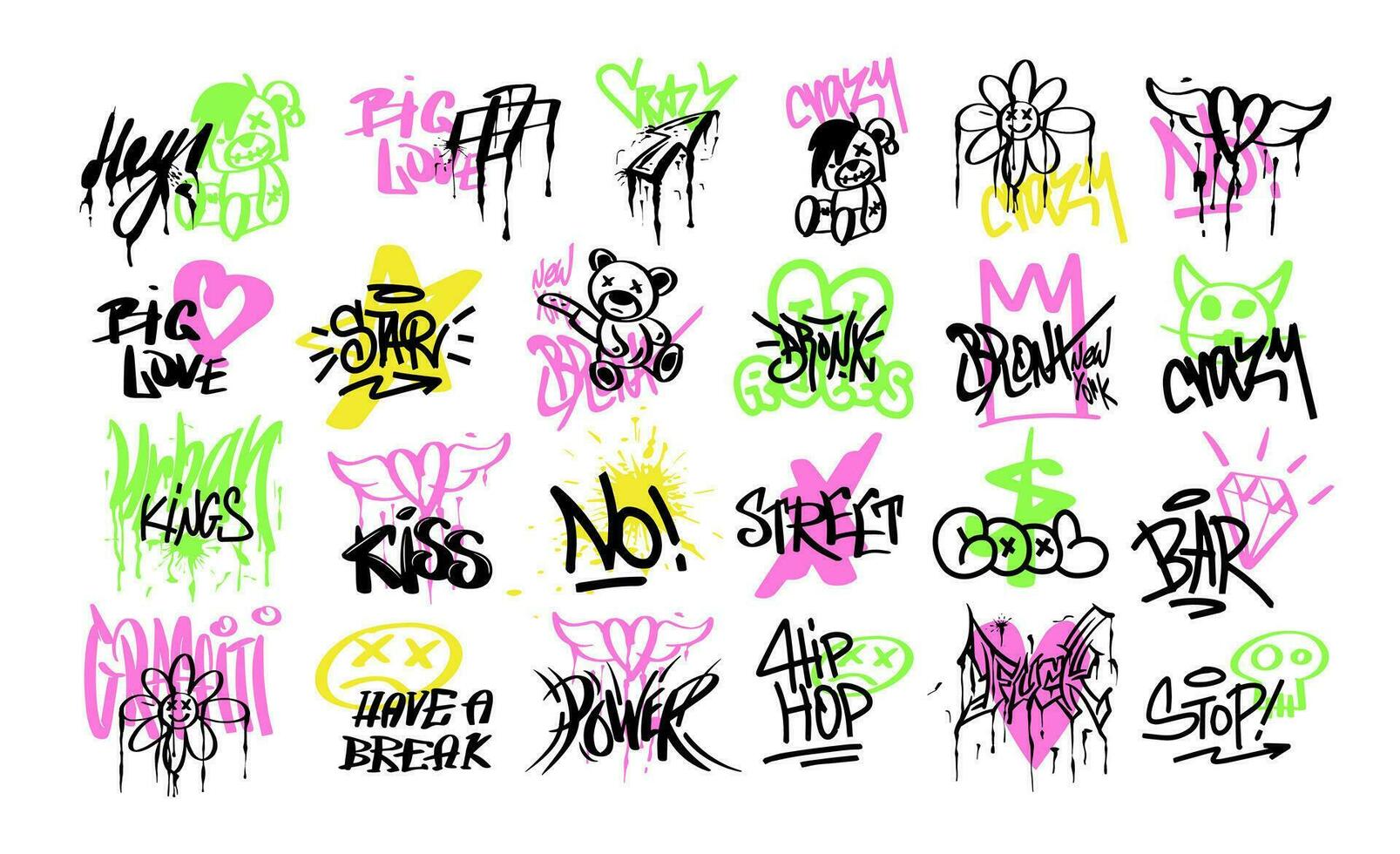 A set of modern graffiti for transferable temporary tattoos. Street art in the grunge style with lettering. Vector illustration for printing