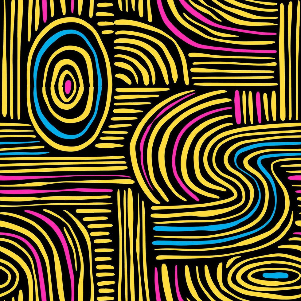 Seamless pattern of bright lines and stripes. on a black background. Abstract design for fabric, paper, packaging and clothing vector