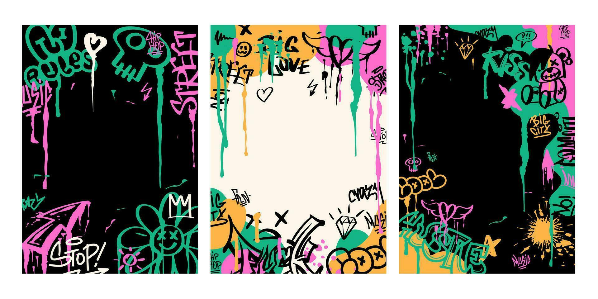A set of modern graffiti posters. Street art in the grunge style with lettering. Template for printing vector