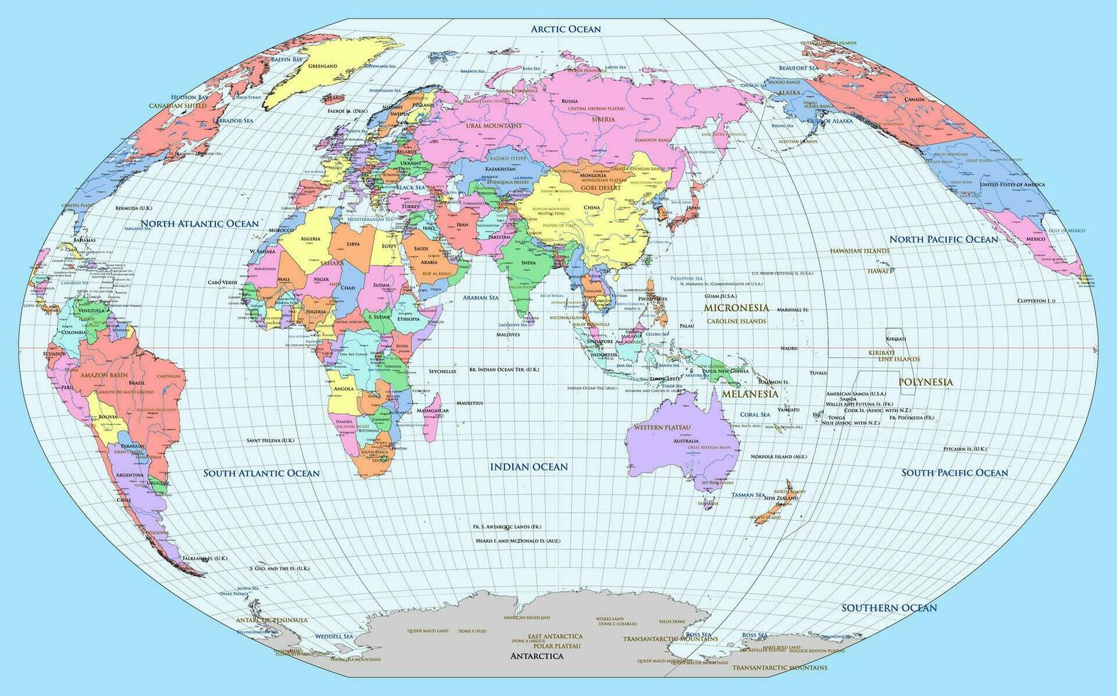 Political world map Asia centered Winkel-Tripel projection vector
