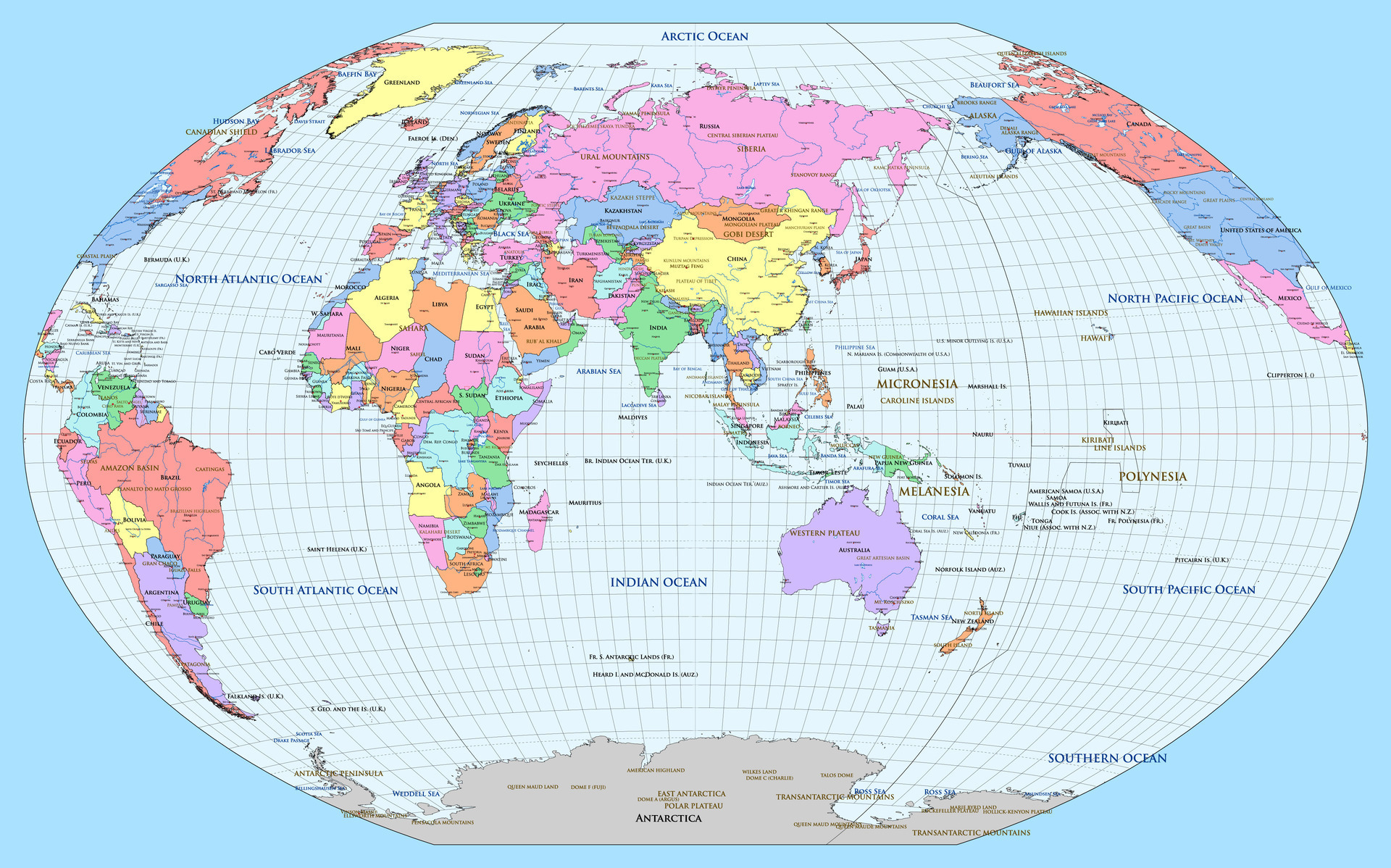 Political world map Asia centered WinkelTripel projection 27516954