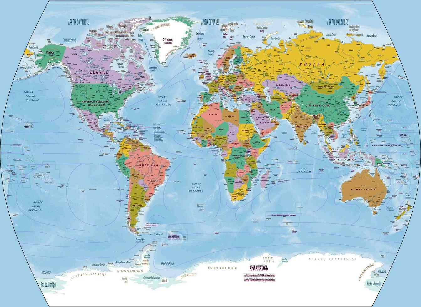 Political world map Turkish language times projection vector