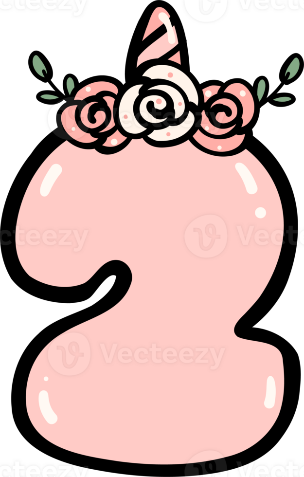 unicorn number 2 birthday illustration doodle outline. png