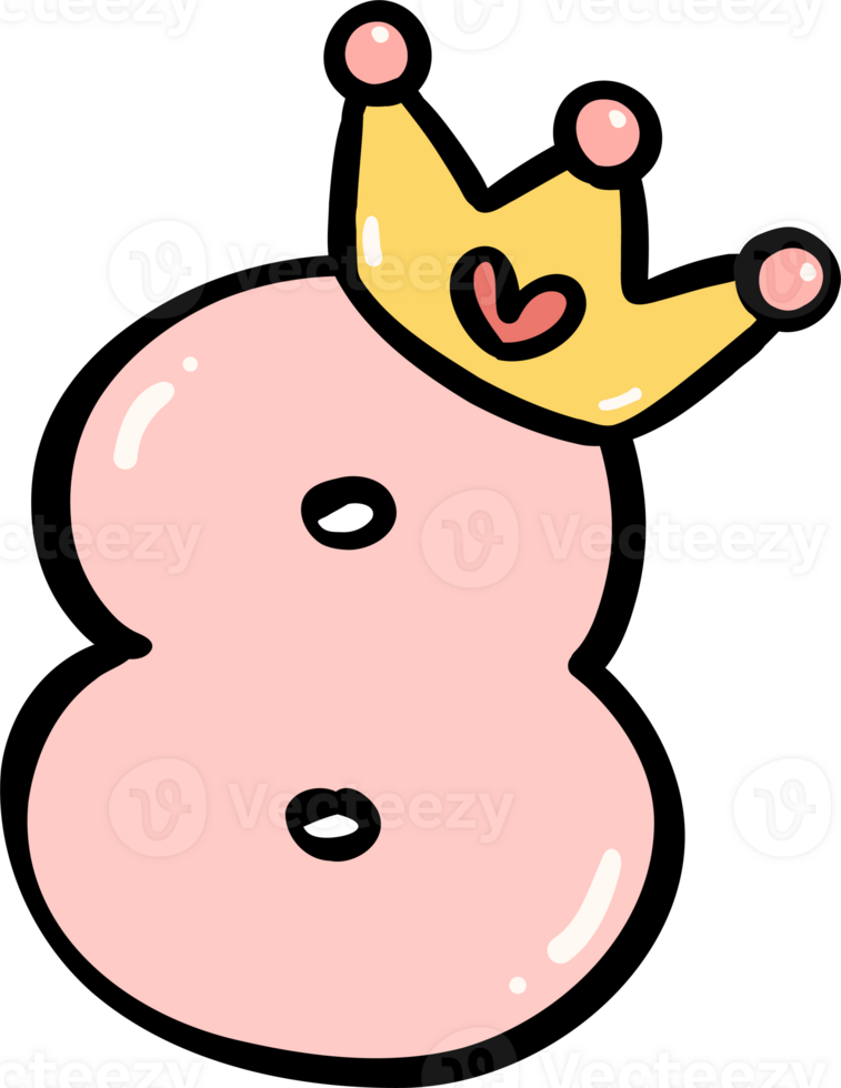 Cute pink birthday number 8 with crown illustration doodle outline. png