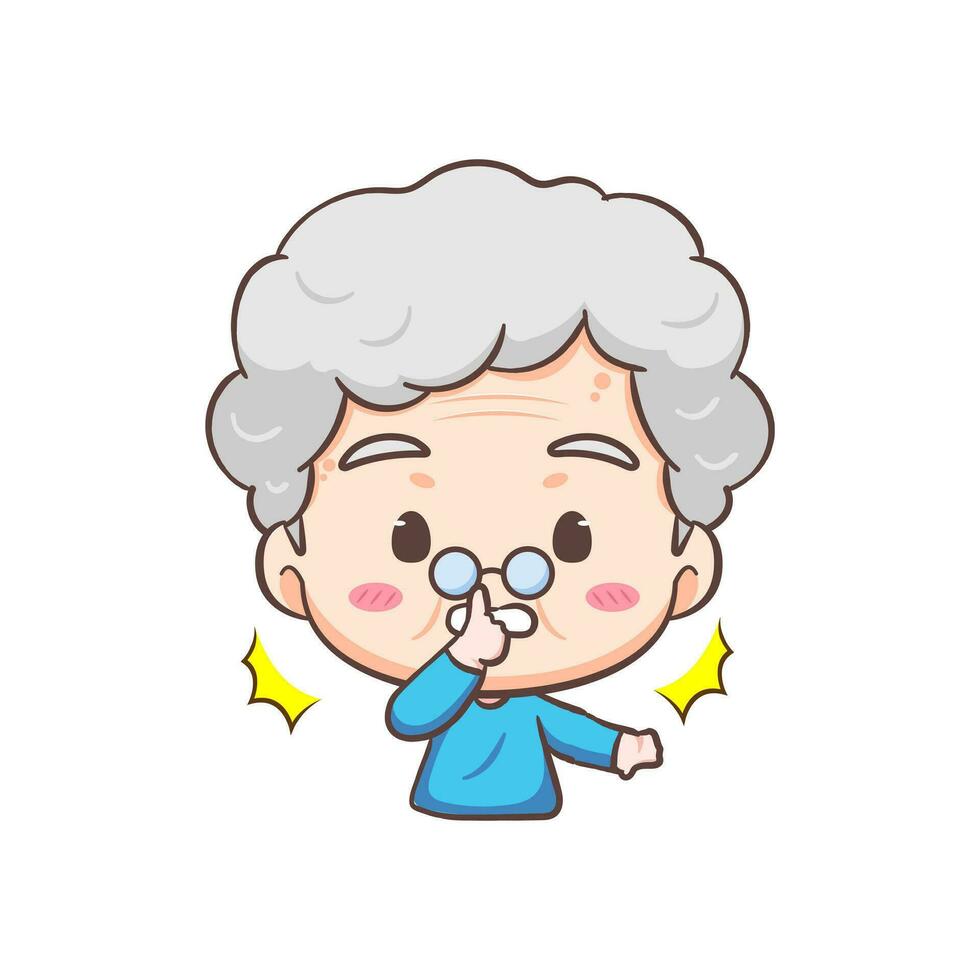 Cute Grand mother show close mouth with finger pose cartoon character. People expression concept design. Isolated background. Vector art illustration.