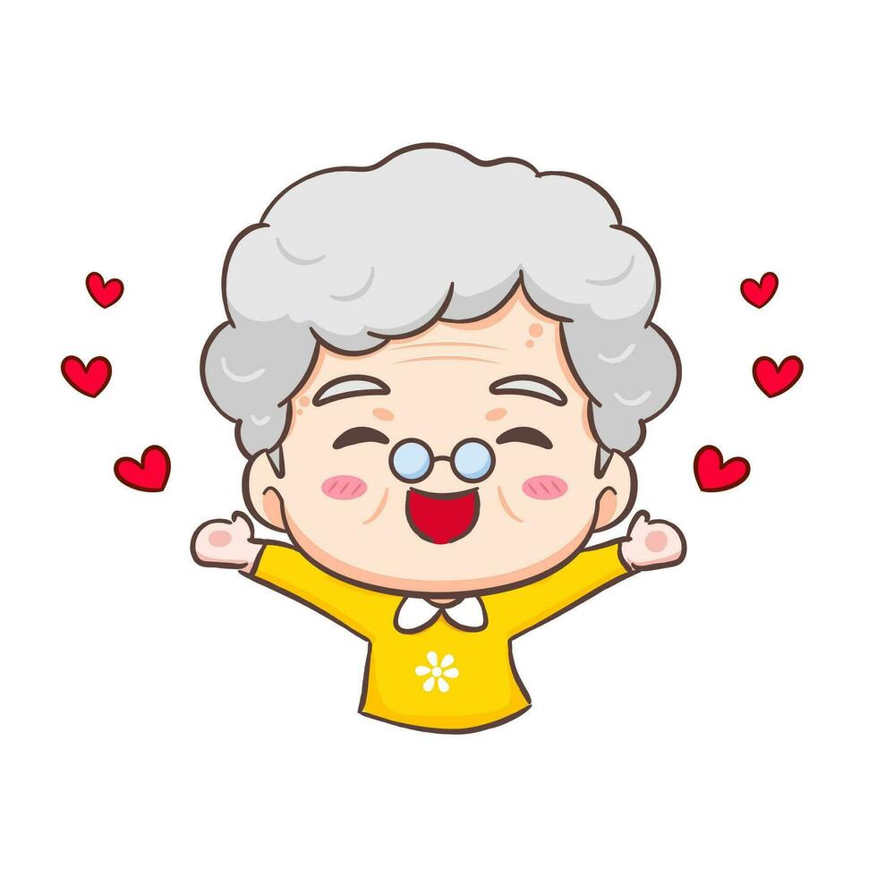 Cute happy grand mother with love around cartoon character. People expression concept design. Isolated background. Vector art illustration.