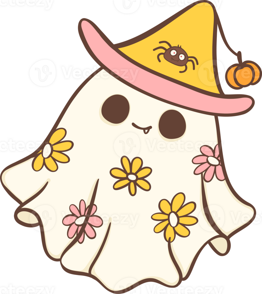 Cute Halloween ghost daisy retro with witch hat character cartoon doodle illustration png