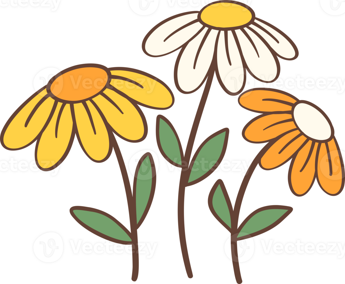 Cute Retro flowers, Kawaii floral bouquet simple cartoon outline doodle png