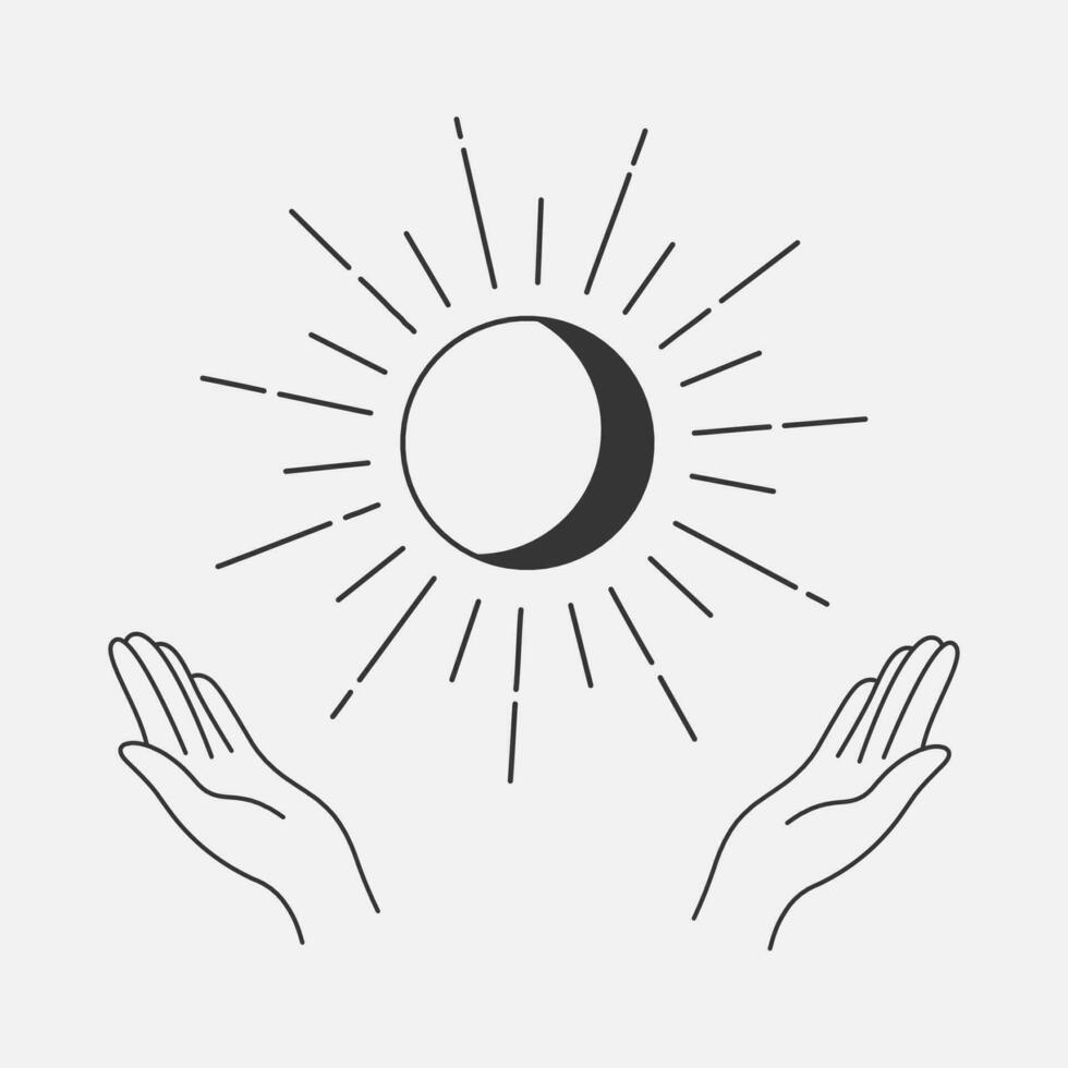 oración concepto. Orando manos, Luna y sol, religión ilustración. Ramadán Kareem, contento nuevo día. vector