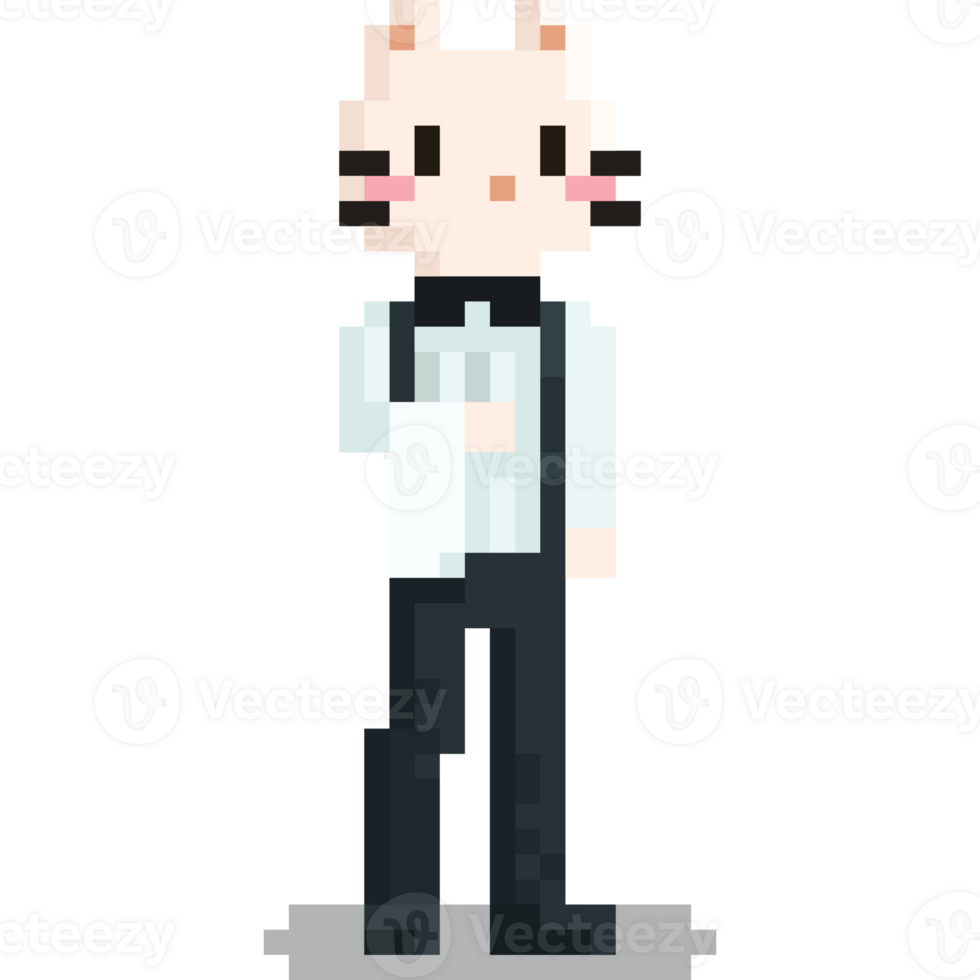 Pixel art white cat bartender character png