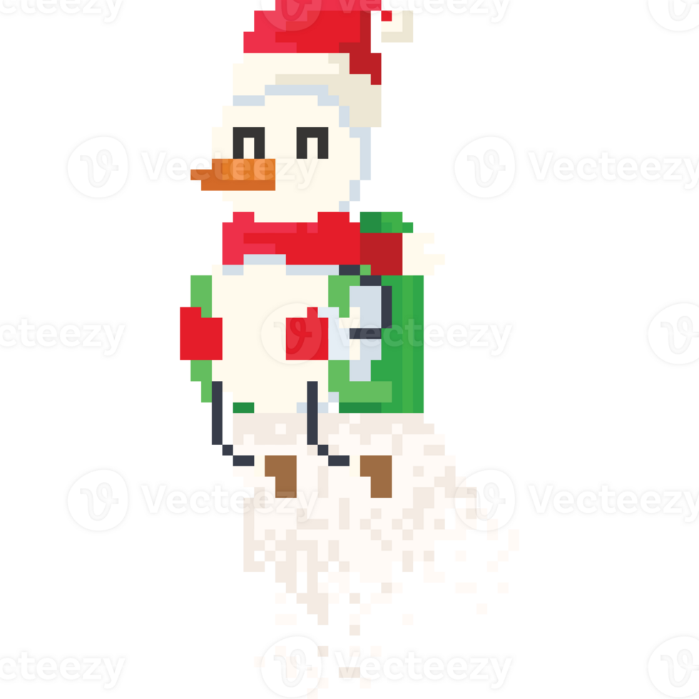 Pixel art snowman flying by jetpack png