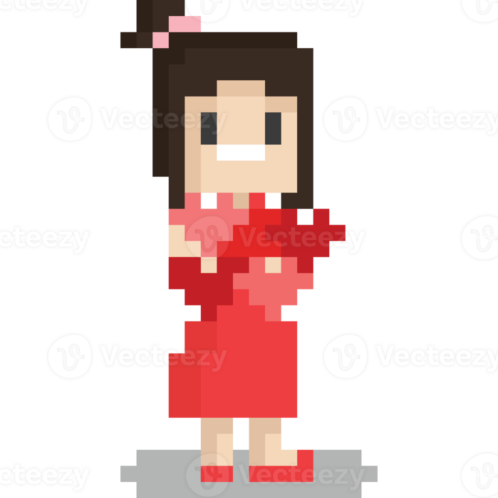 Pixel art woman in red dress holding the hearts png