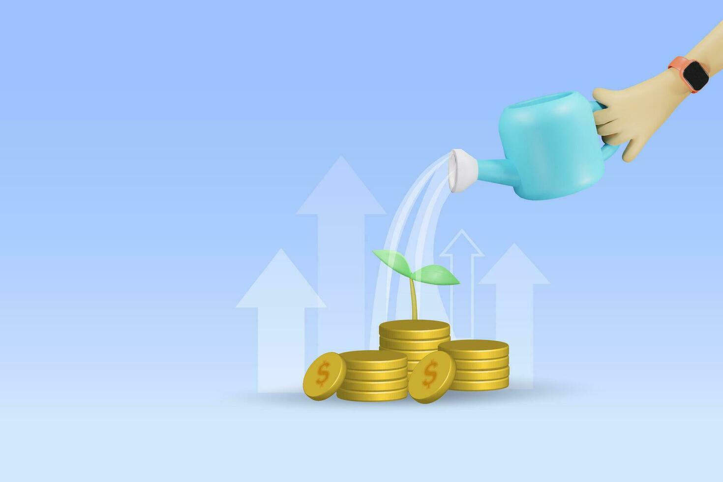 Financial investment, deposit and banking concept. Hand showering water on money sprout with growth graph profit. 3D vector. vector