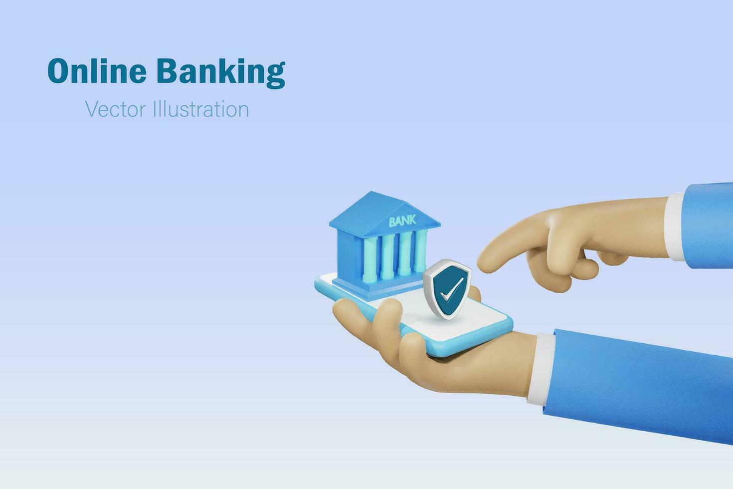 Online banking and digital financial service and investment on smart phone. Bank building with  secure shield on mobile in businessman hand. Virtual bank and financial innovation technology. 3D. vector