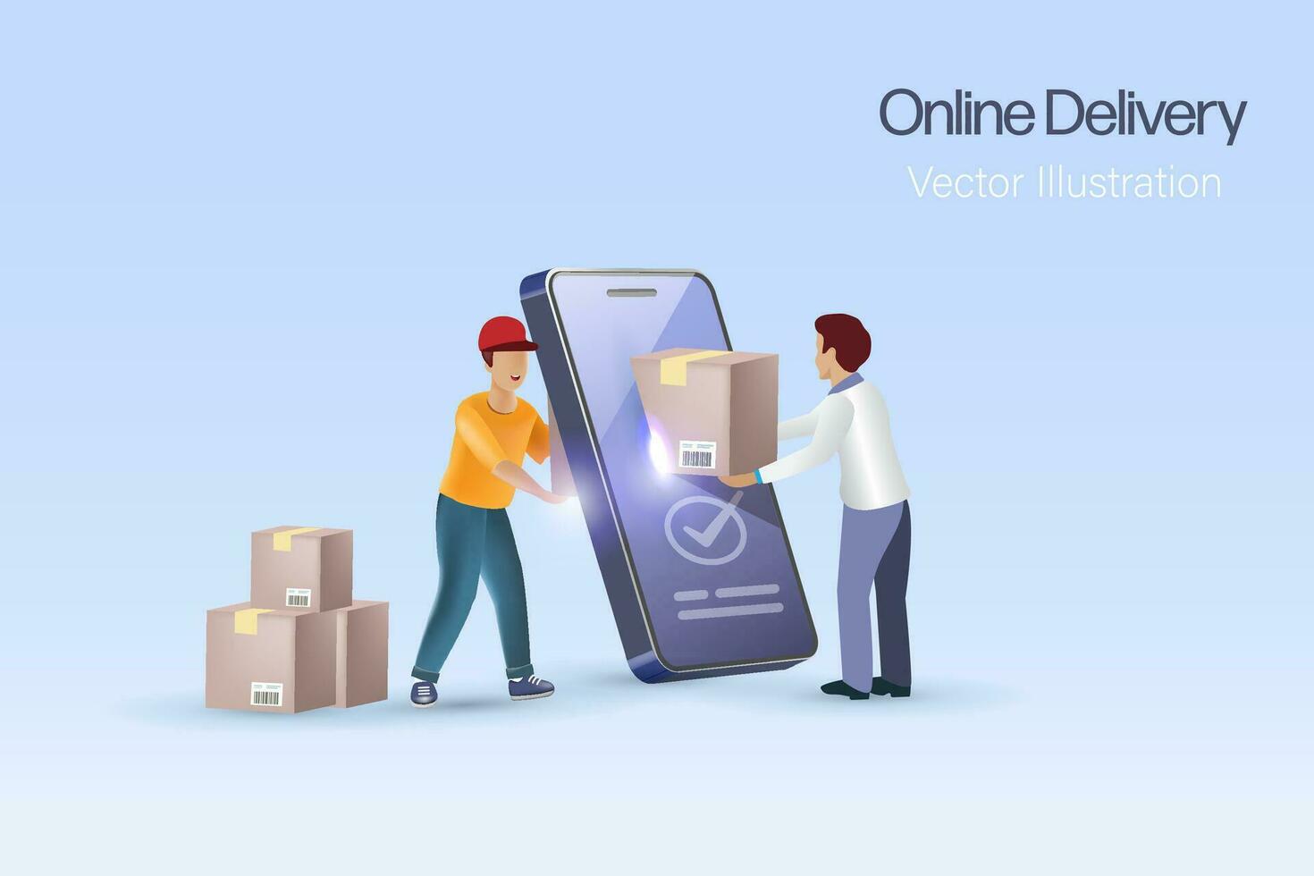 Deliveryman online delivery carton box to customer on smart phone. Online shopping and delivery service with shipment tracking system. Logistics and distribution smart system. 3D vector