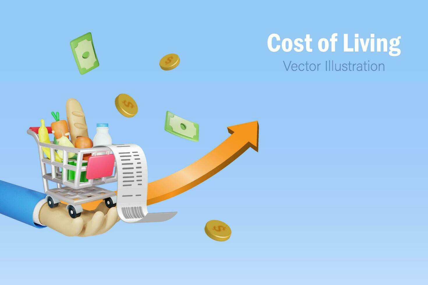 Cost of living, economic inflation, high grocery price concept. Businessman hand holding grocery foods and drinks in shopping cart with high graph and receipt bill. 3D cartoon character vector. vector