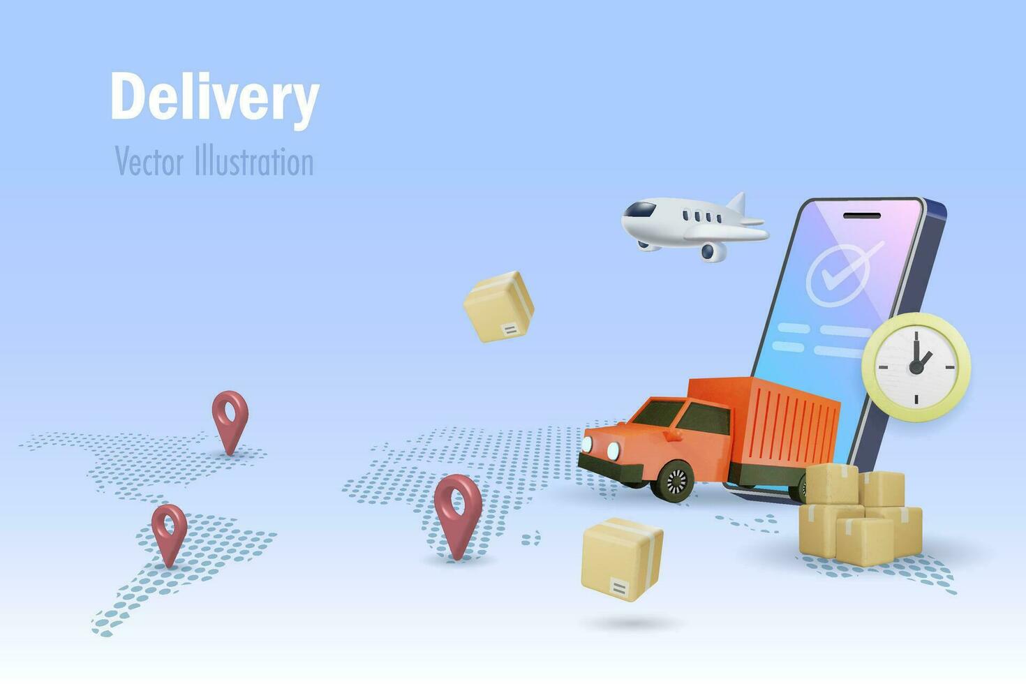 Online shipment delivery and logistic distribution. Carton boxes with delivery transportation by truck and airplane. Supply chain network connecting, import export and shipping freight. 3D vector. vector