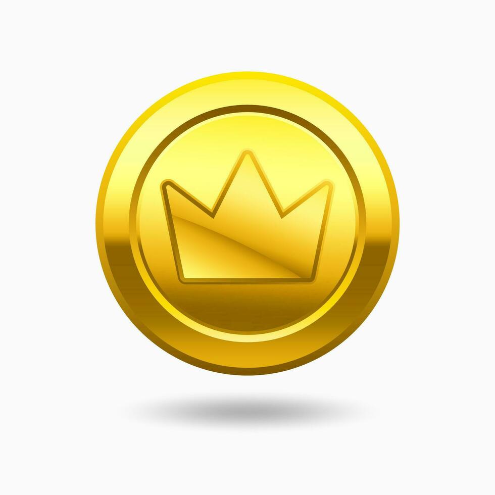 Gold coin vector, cash money with crown sign game element. 3d realistic design. Vector illustration isolated on white background.
