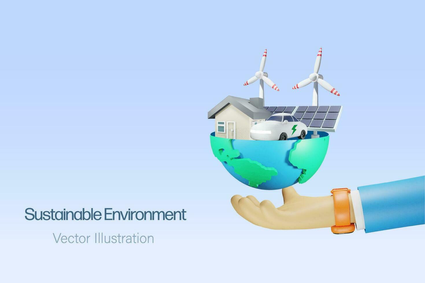 Businessman hand holding green globe with sustainable energy, wind turbines, solar panels and EV car. Ecology, environment, earth day and natural resources concept.3D vector. vector